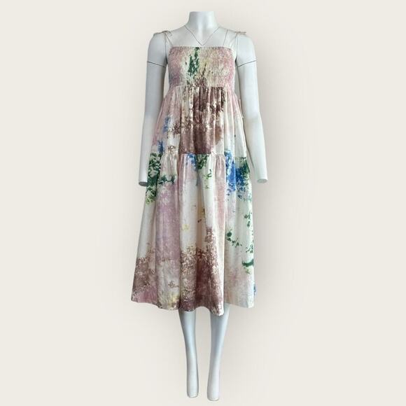 NWT | S/W/F | Watercolor Smocked Tiered Midi Dress | Multi Pink | Small - Picture 1 of 11